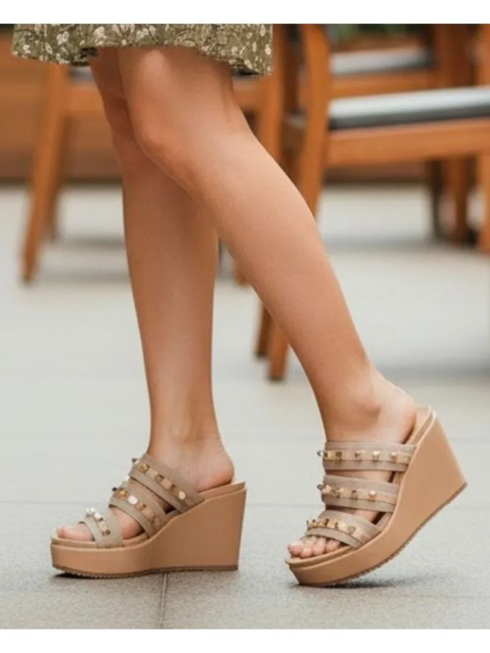 Studded Strap Nude Wedge Sandals For Women - Stylish Slip-On Platform Design Wit